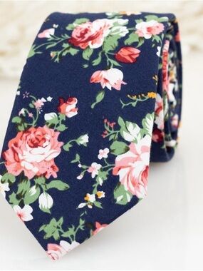 Floral Navy Men's Tie - Pink & Green Rose Pattern